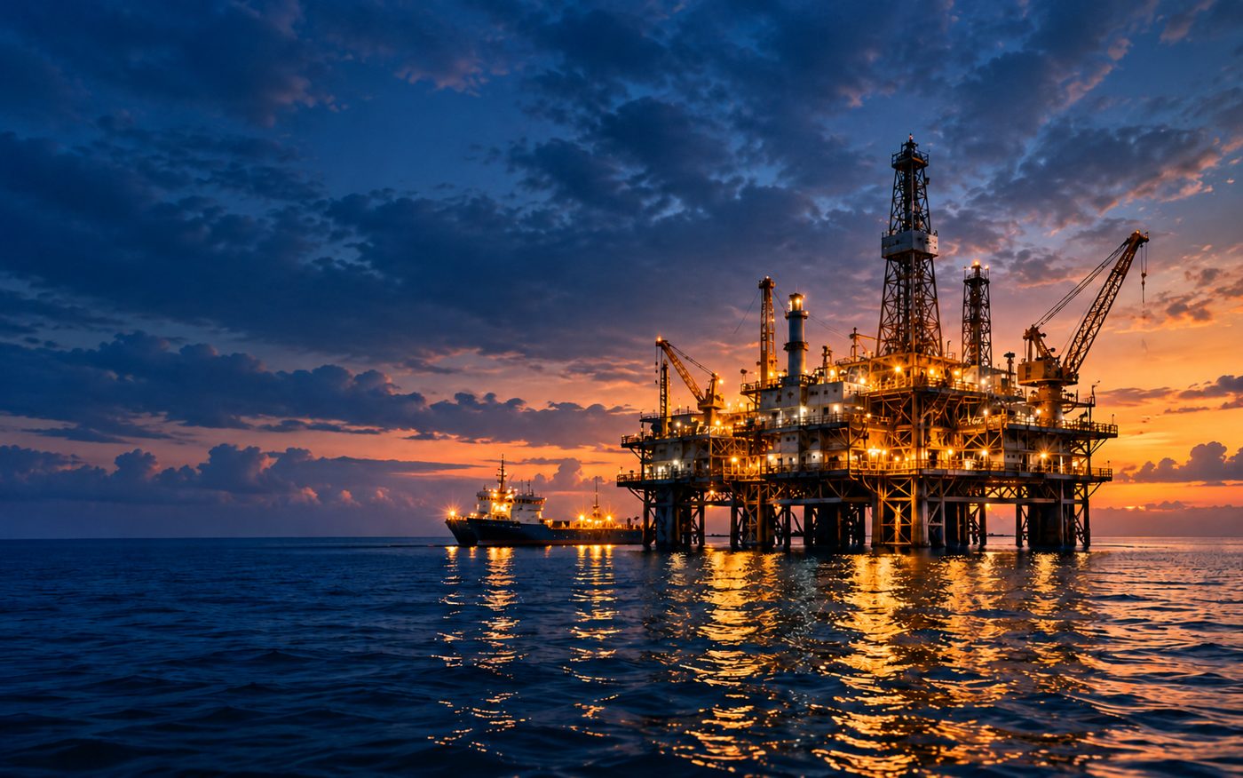 Offshore oil platform at dusk with a supply vessel alongside
