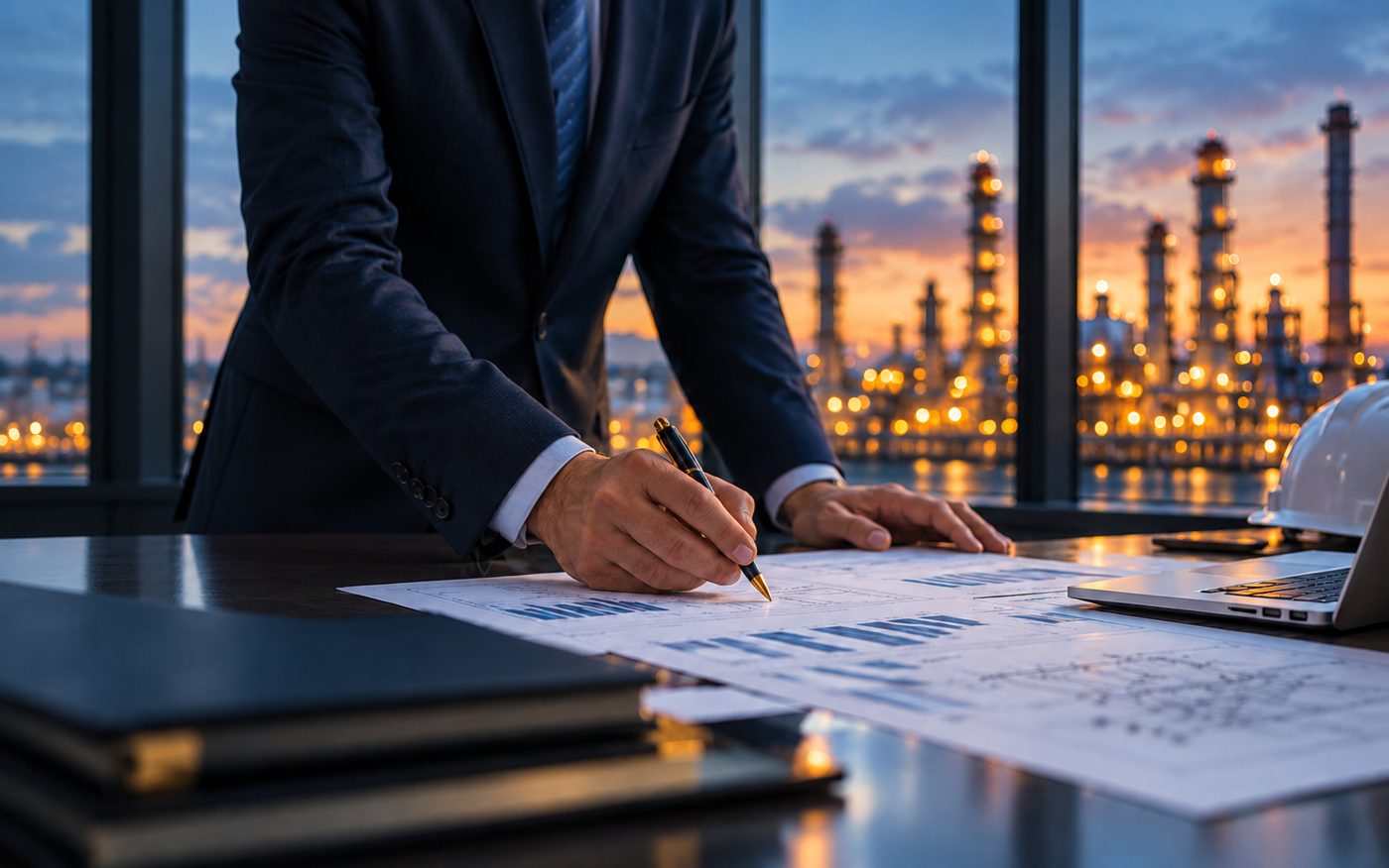 Businessman annotating technical drawings at a desk with a refinery view