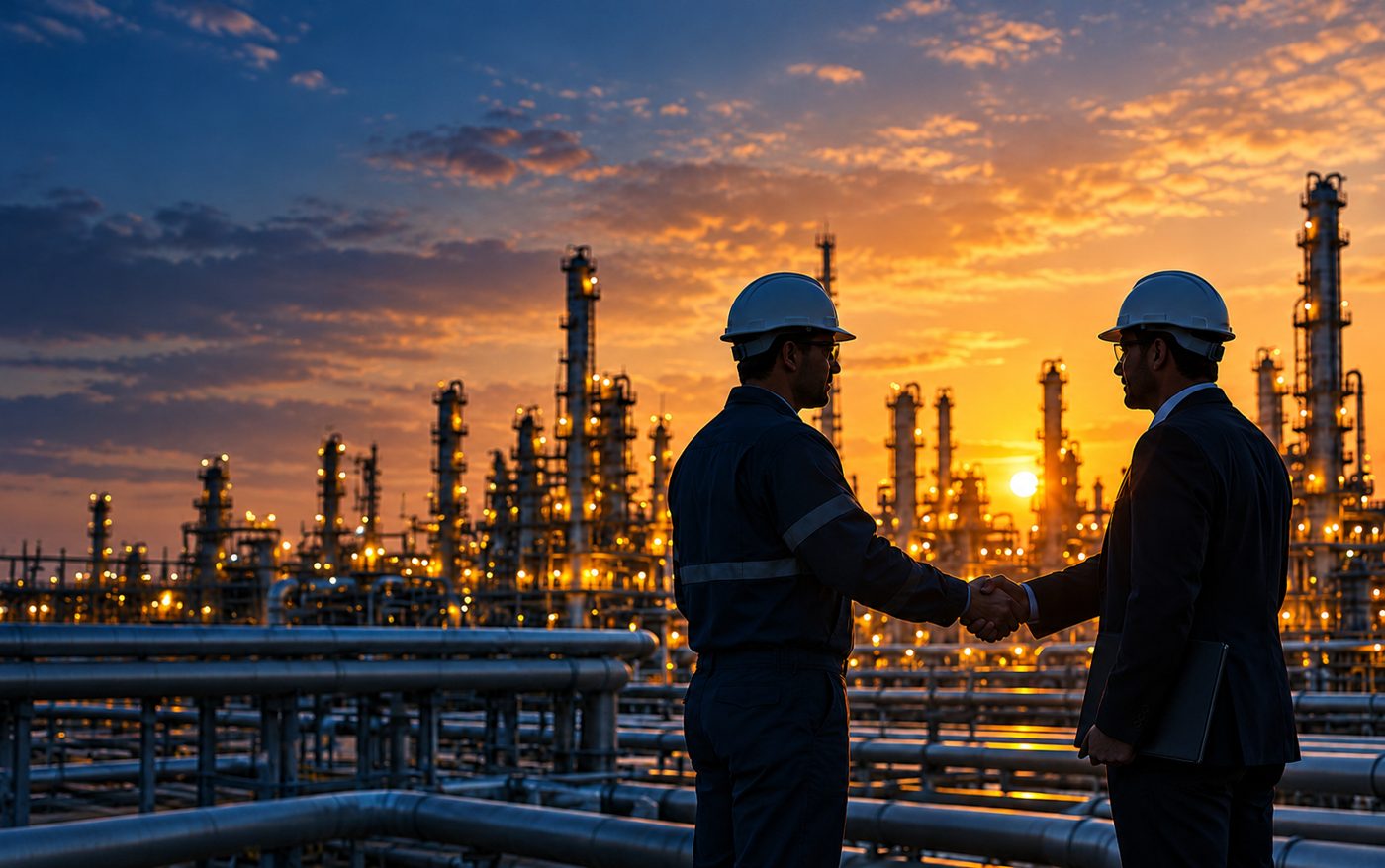 Two professionals in hard hats shaking hands in front of a refinery at sunset