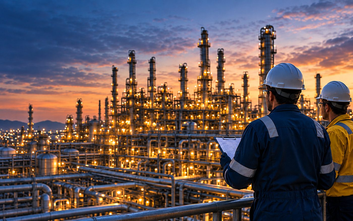 Engineers in hard hats reviewing a checklist at a refinery at dusk